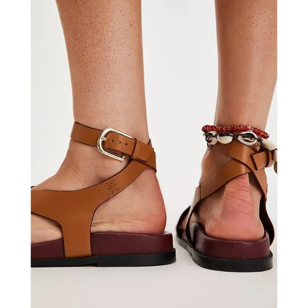 Free People Tan Leather Crisscross Ankle Strap Sandals